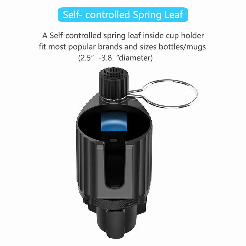 Grey car cup holder expander with integrated mobile phone slot sitting in a vehicle's drink holder
