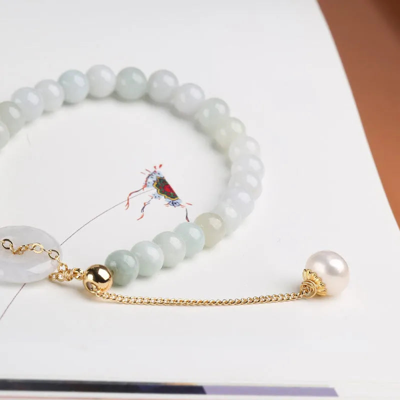 Women's jade pearl bracelet with geometric design and peace buckle closure in Chinese national style