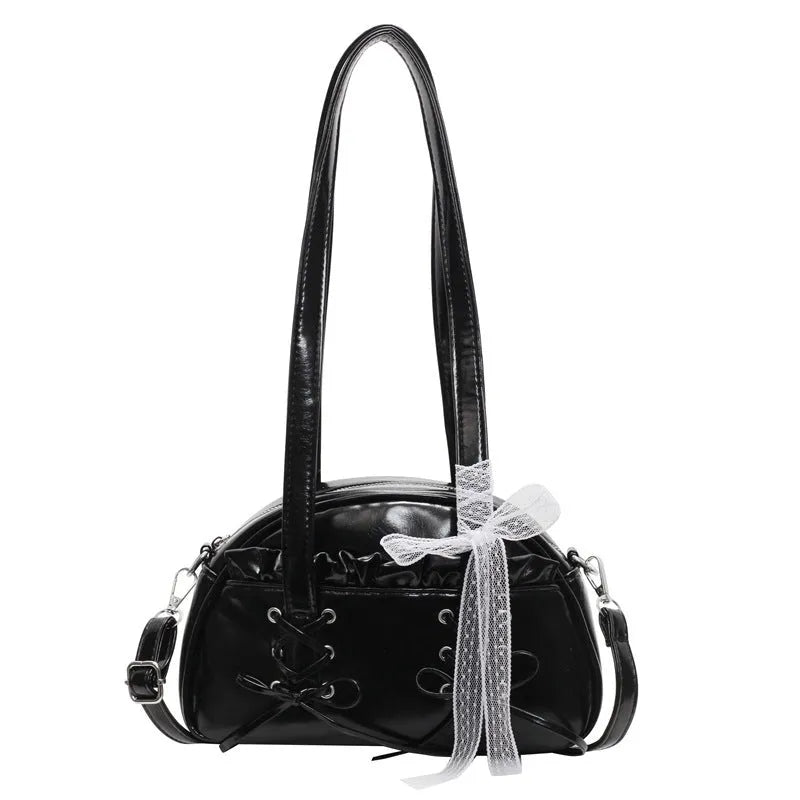 PU leather ladies shoulder bag with bandage bow design and decorative sewing thread in milky white colour