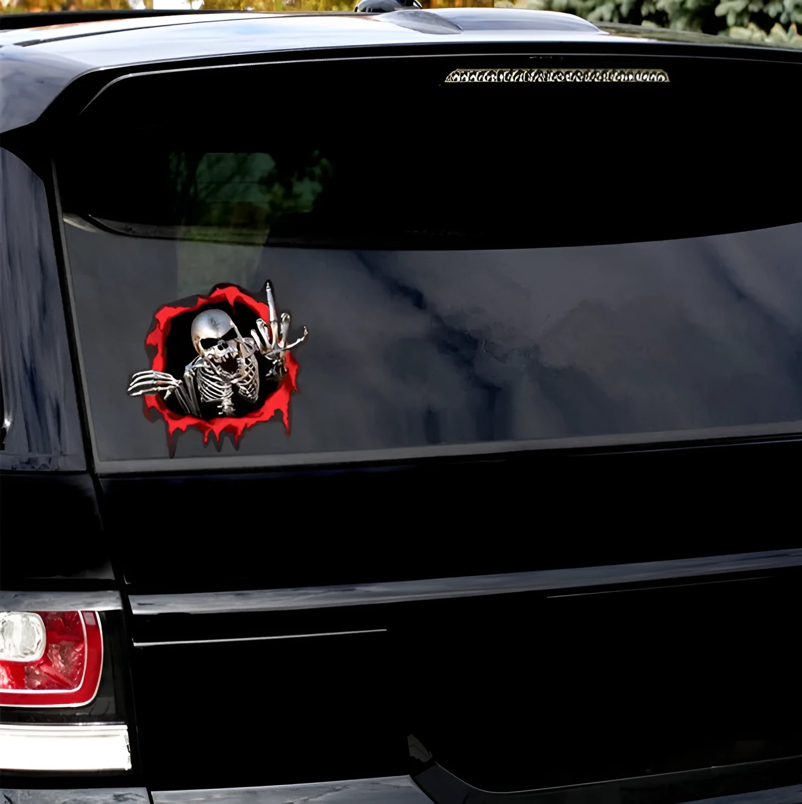 Colourful reflective metal skull car bumper sticker with a shattered design on a 15x14cm PET vinyl decal.