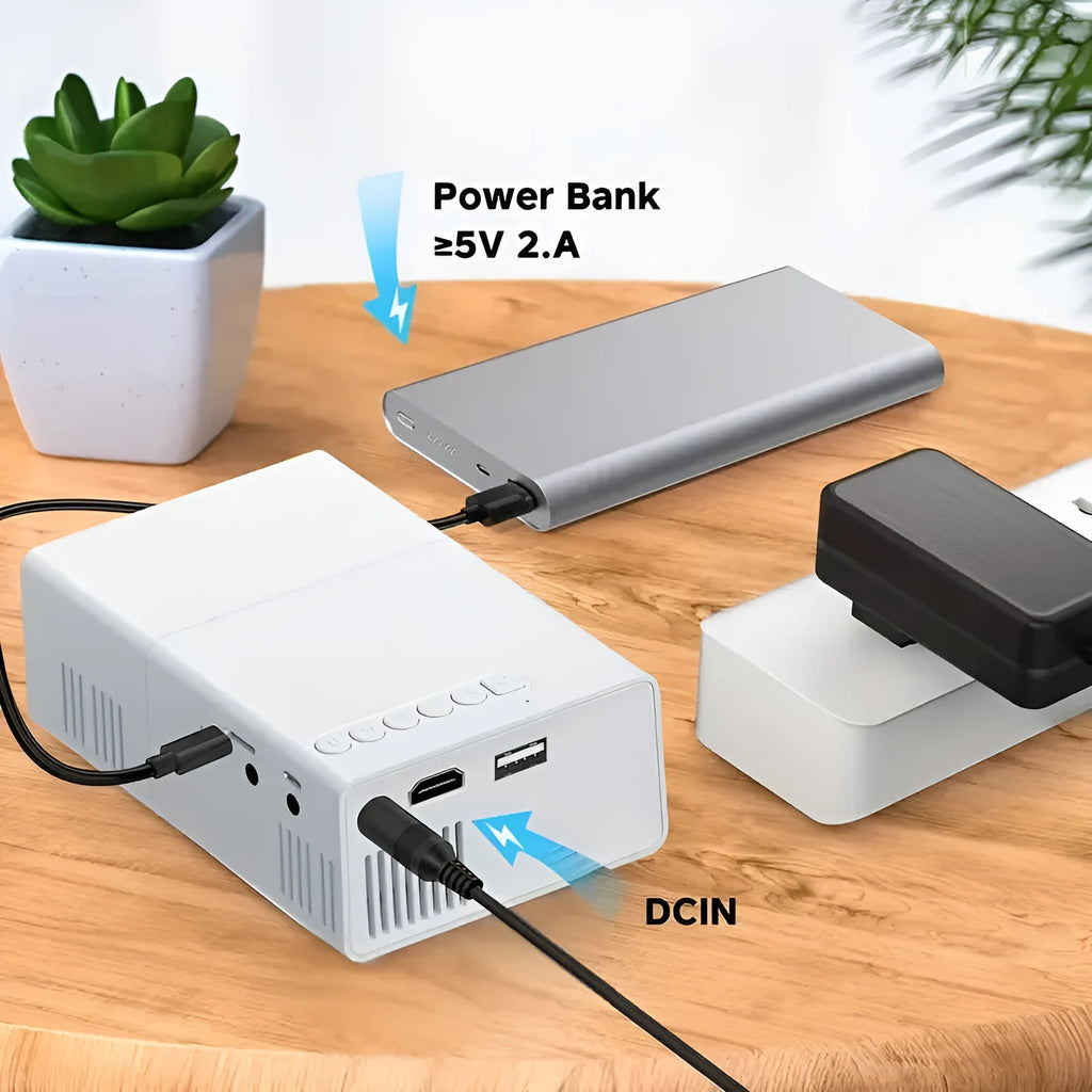 M100 portable LED projector showing black and white colour options with remote control