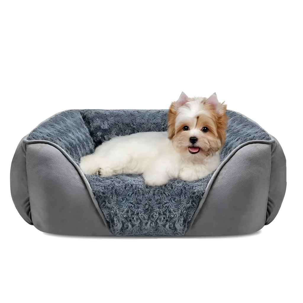 Beige stuffed kennel-style dog bed for a large golden retriever, showing plush nest design.