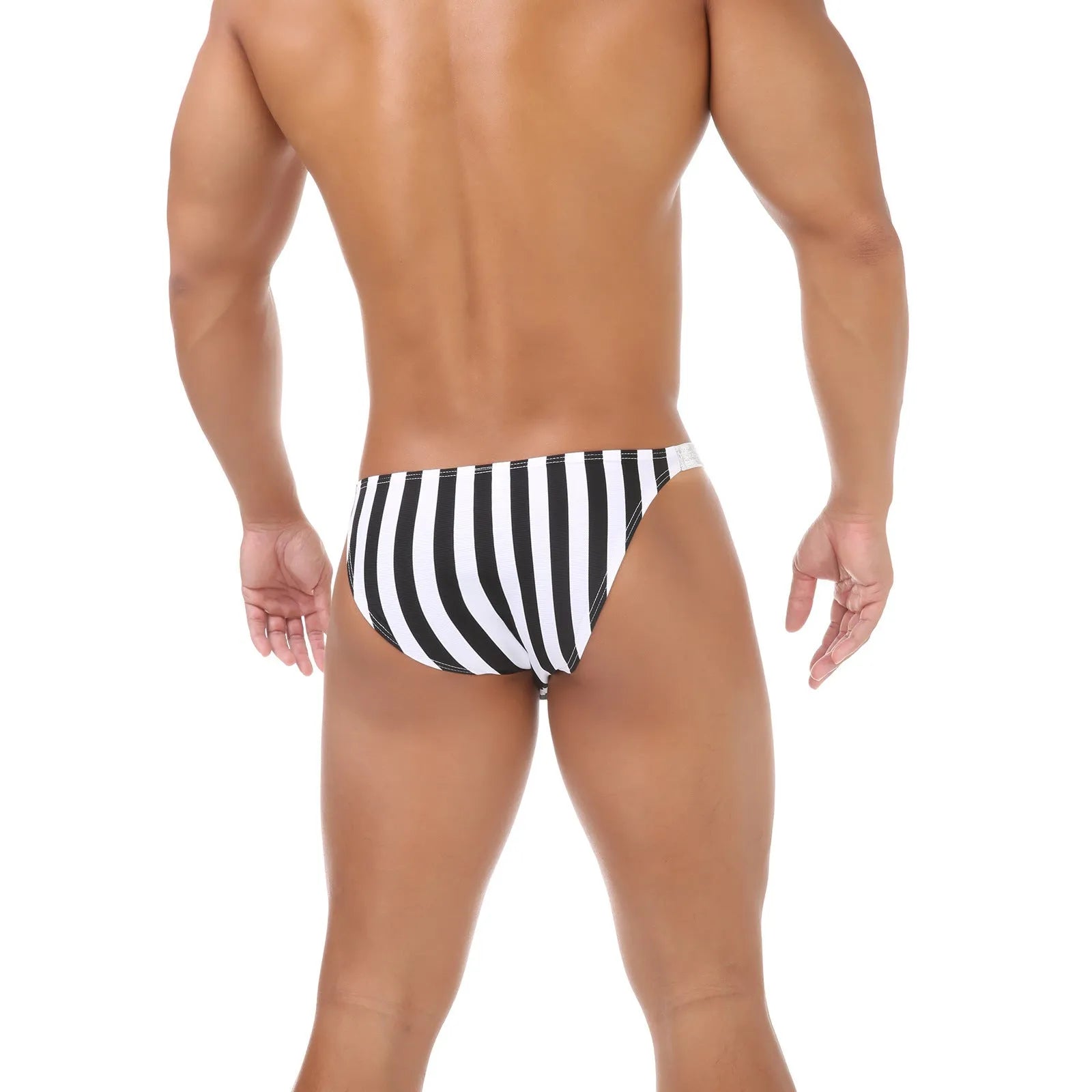 Men's zebra stripe pattern briefs with low waist and U pouch design in nylon fabric