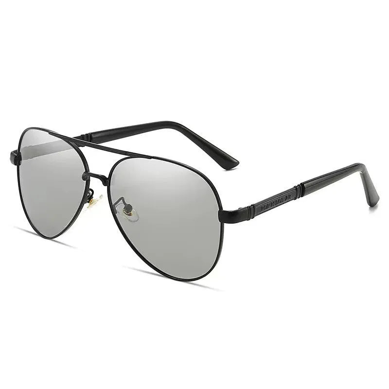 Men's gold metal frame polarised sunglasses with dragon decoration and grey lenses.