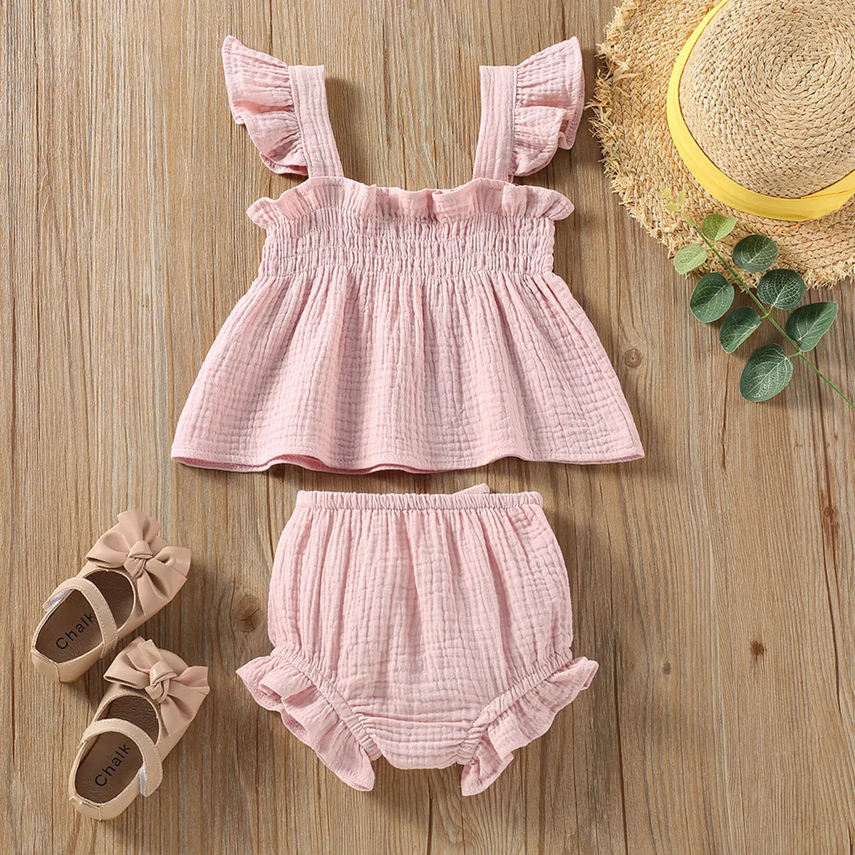 Girls' solid colour cotton sling top and hot pants two-piece suit in green, pullover style for toddlers