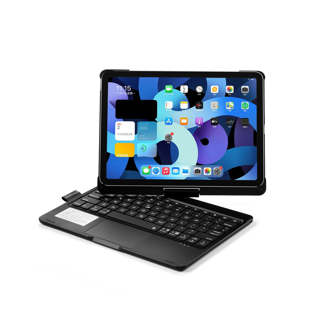 Silver rotating Bluetooth keyboard with backlit keys next to an iPad Pro.