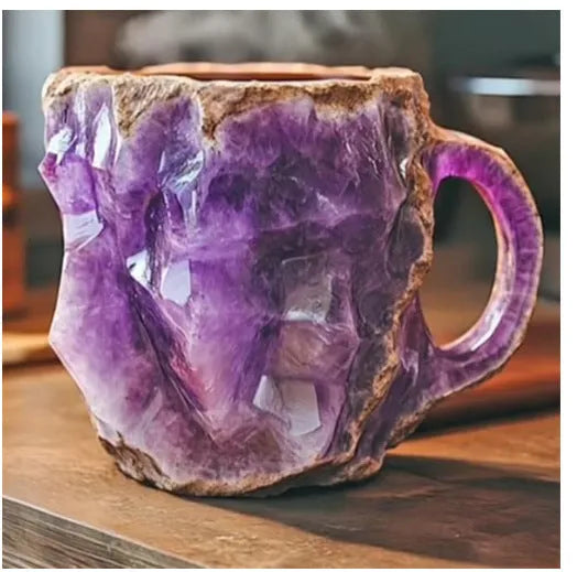 Purple resin mineral crystal coffee mug with handle showing 3D texture and 10cm height