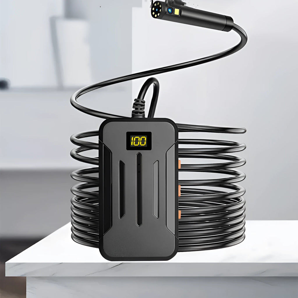 F300 wireless endoscope with dual camera probes, hook, magnet, and charging cable on a grey background.