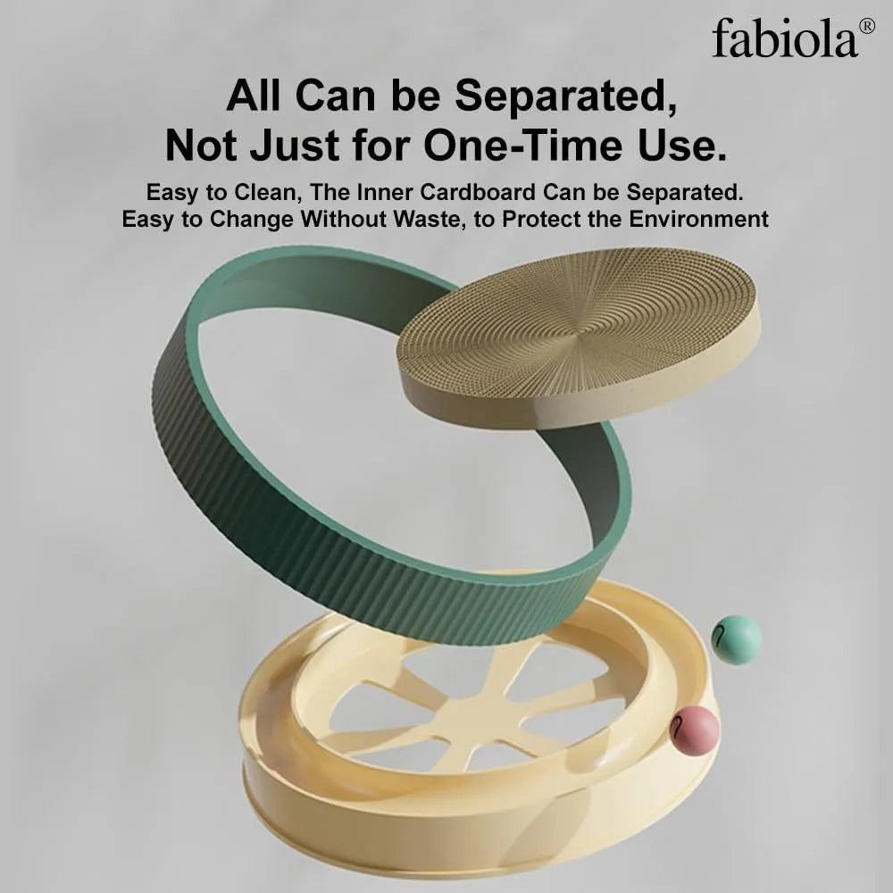 Large circular cat scratching board with ball toys and replaceable cardboard core