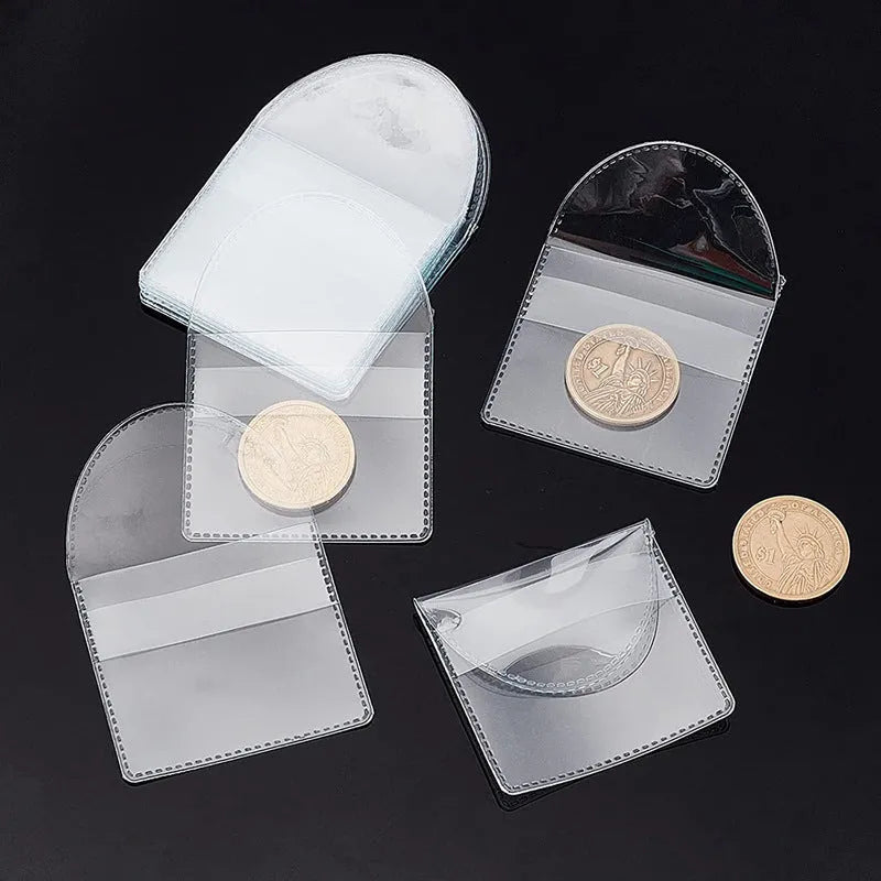 Transparent PVC soft badge bag 0.2mm thick holding coins on a flat surface