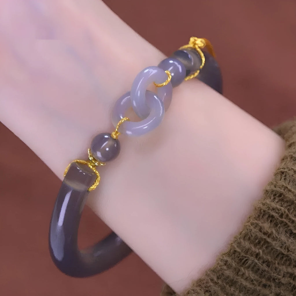 Smoke purple and grey agate half bracelet for women with a metal ring buckle clasp.