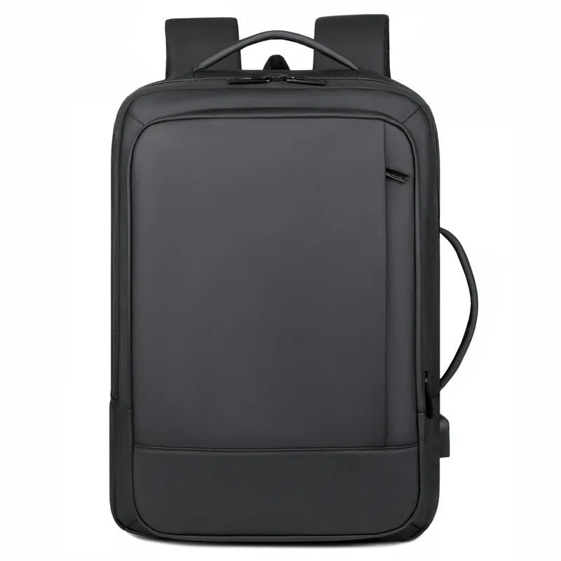 Waterproof Oxford cloth backpack in black with curved shoulder straps and business styling