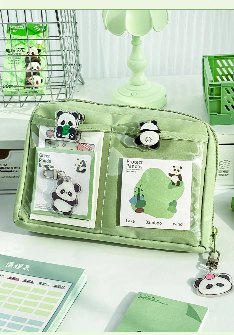 Green canvas panda pencil case with 12 zippered layers for stationery organisation