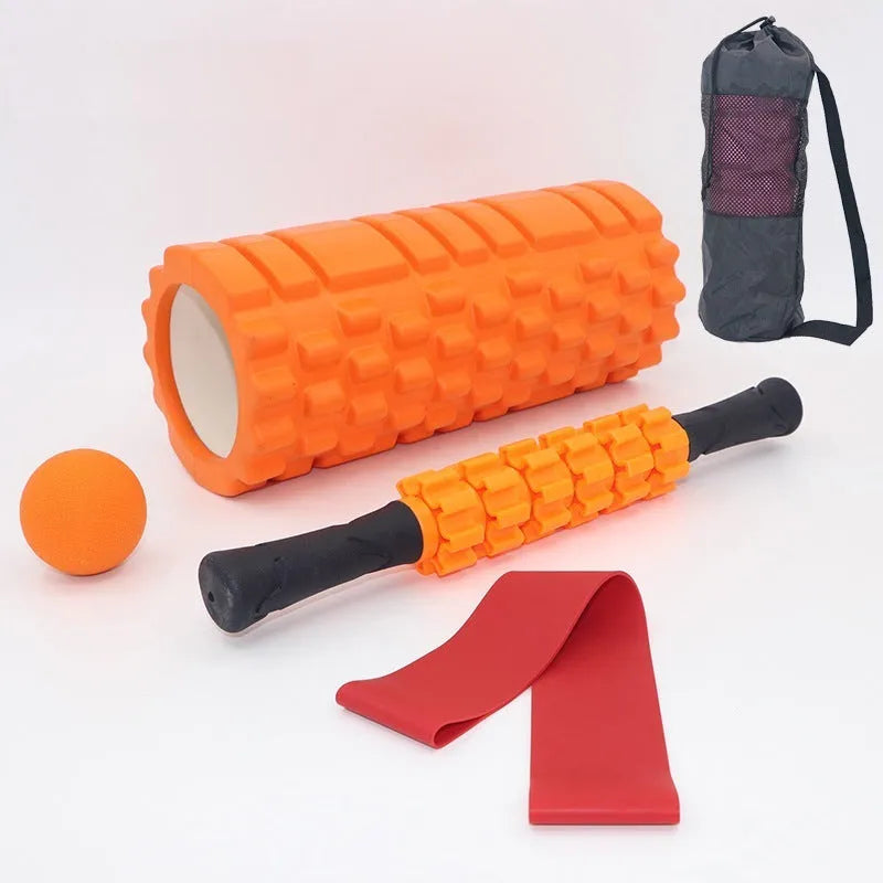 Black six-piece foam roller massage bar with gear design measuring 33cm length