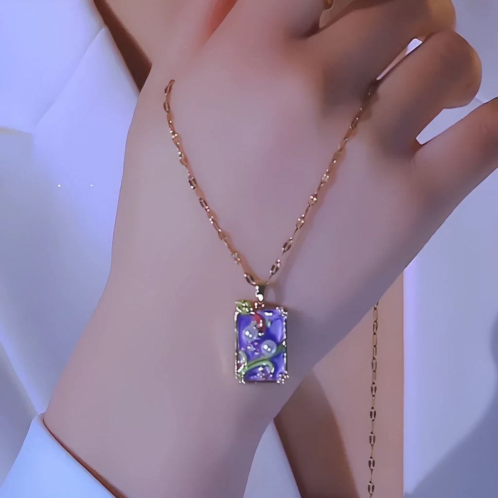 Pink vintage oil painting flower pendant necklace on titanium steel chain with copper pendant and electroplating finish