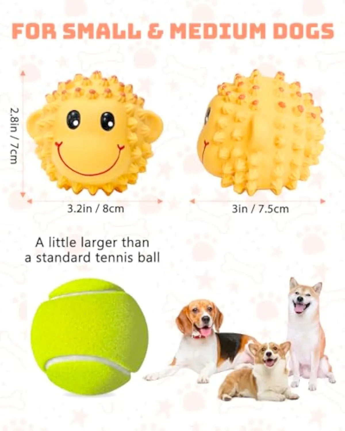 Orange and yellow spiky latex squeaky dog toy shaped like an animal, shown next to a tennis ball for size comparison.
