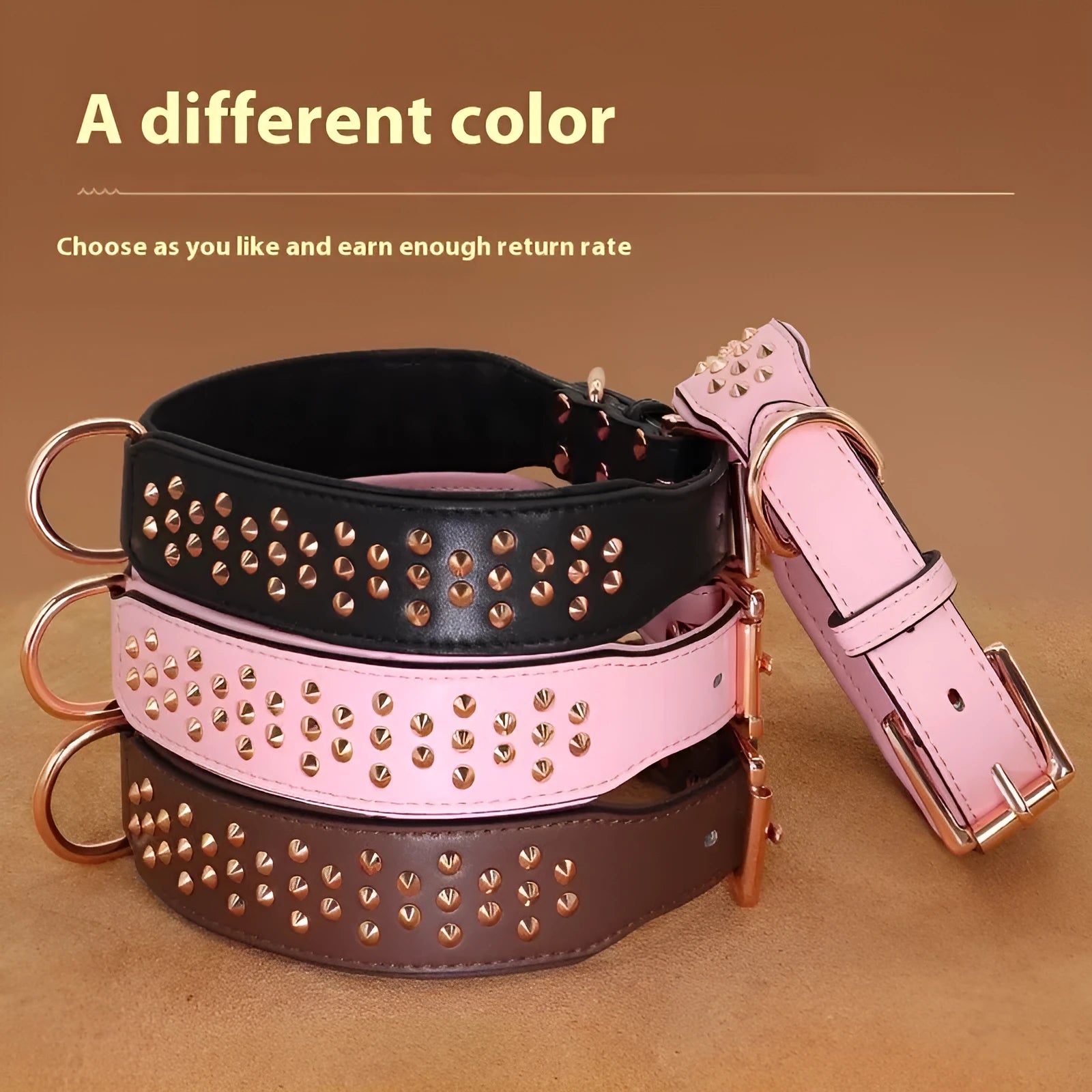 Leather dog collar with metal rivets, shown in black, chocolate, or pink, sized for large dogs.