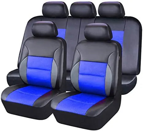 Artificial leather car seat cover set in multiple colours showing front seat, headrest, and back seat pieces.