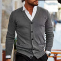 Men's slim fit acrylic cardigan sweater in wine red colour on a hanger.