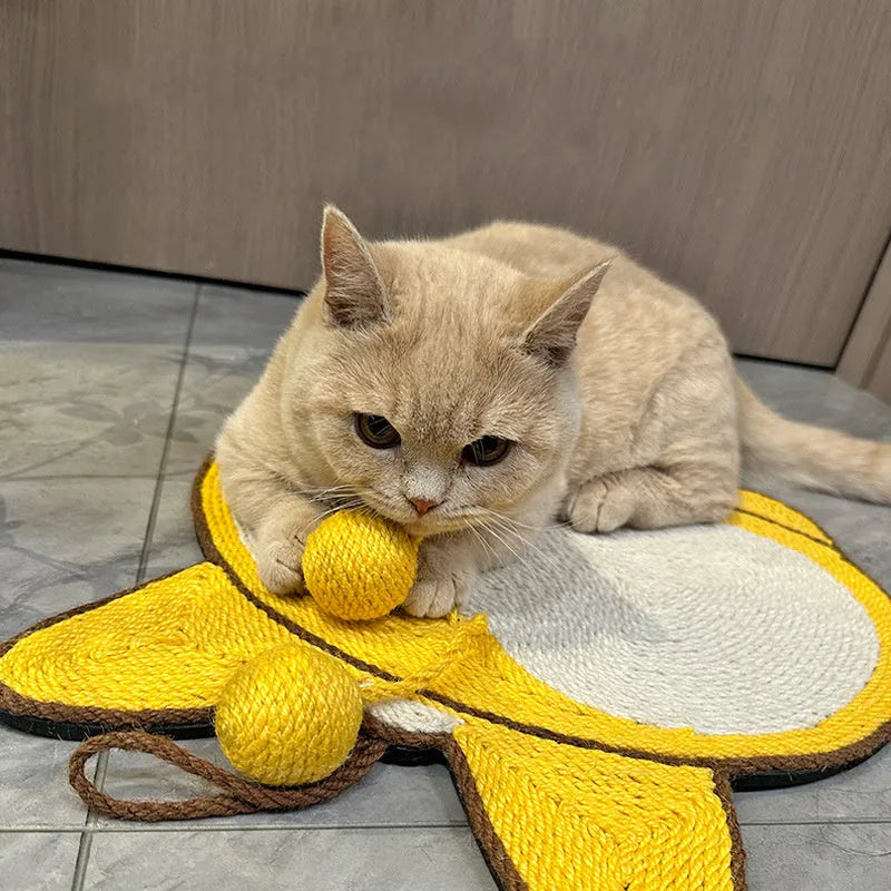 Yellow Corgi design cat scratcher pad with natural sisal surface on anti-slip base