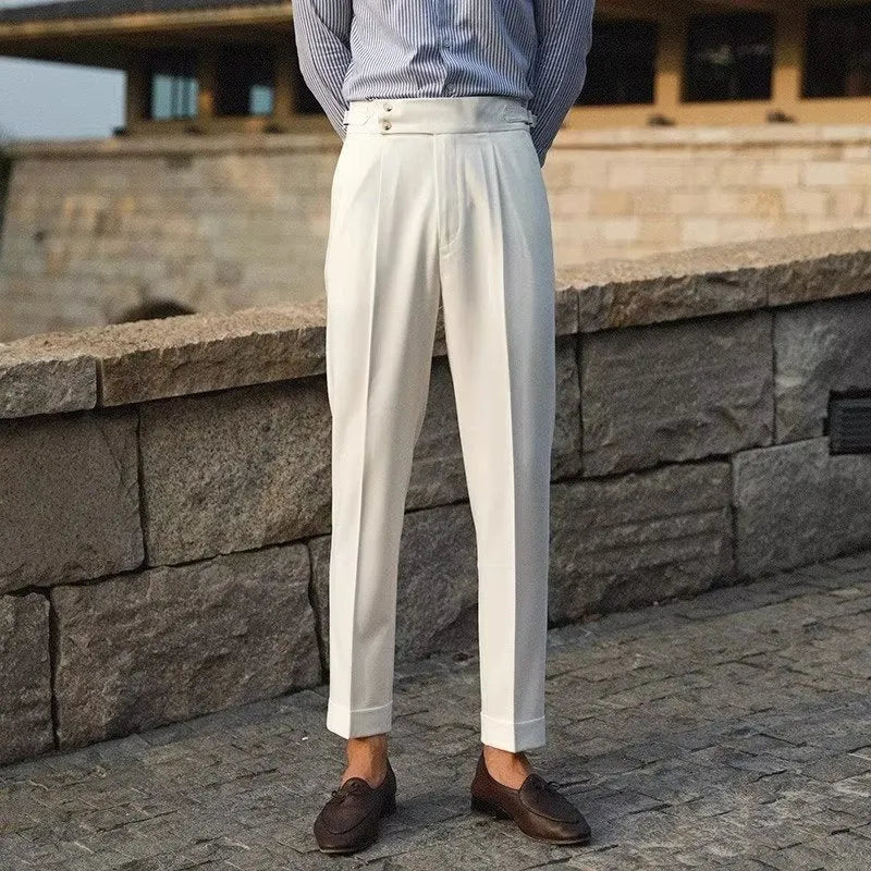 Men's slim fit straight leg suit trousers in apricot, black or white colours.