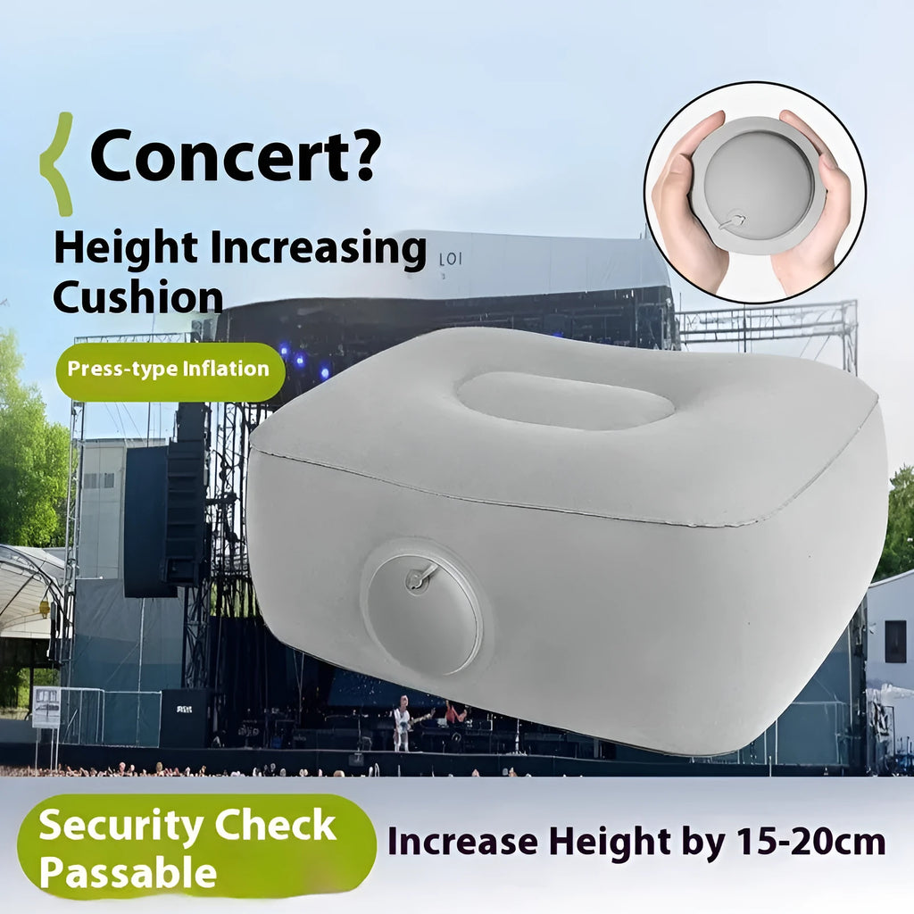 Grey inflatable seat cushion with flocked texture, shown inflated on a chair and deflated for portability.