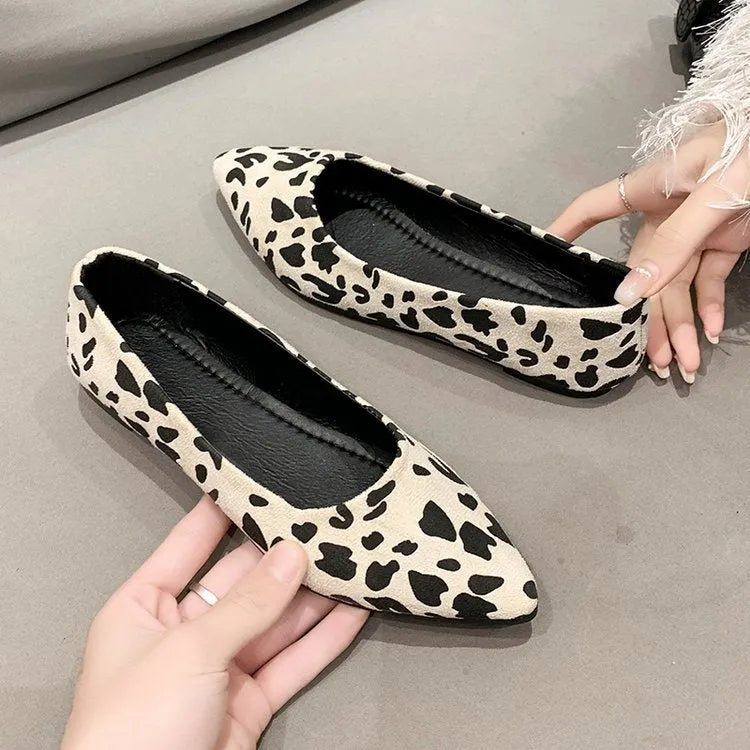Women's leopard print pointed toe flat pumps with low heel on a white background.