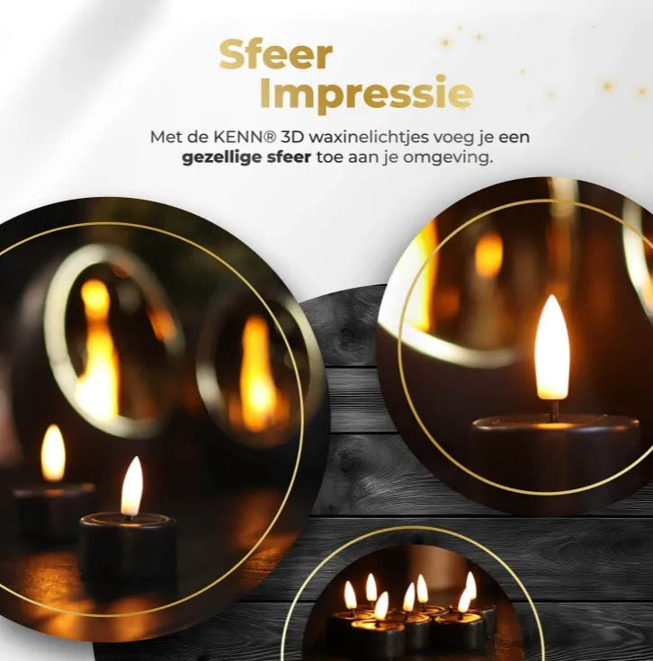 Set of four black LED tealight candles with flickering flame effect on a table.