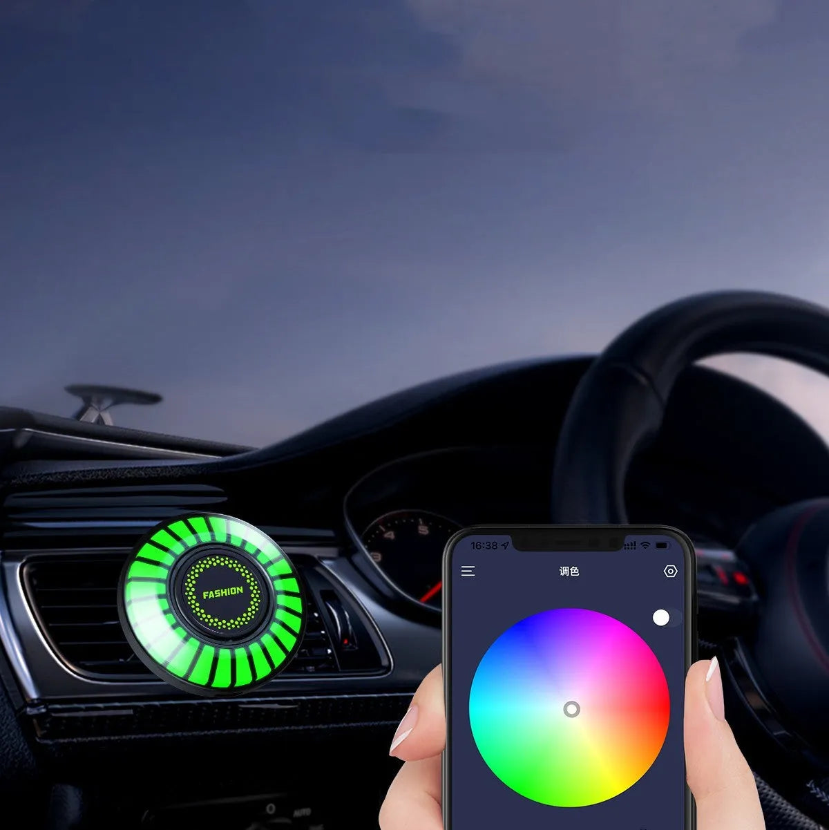 3D RGB car atmosphere light with voice control and aromatherapy diffuser mounted in car vent