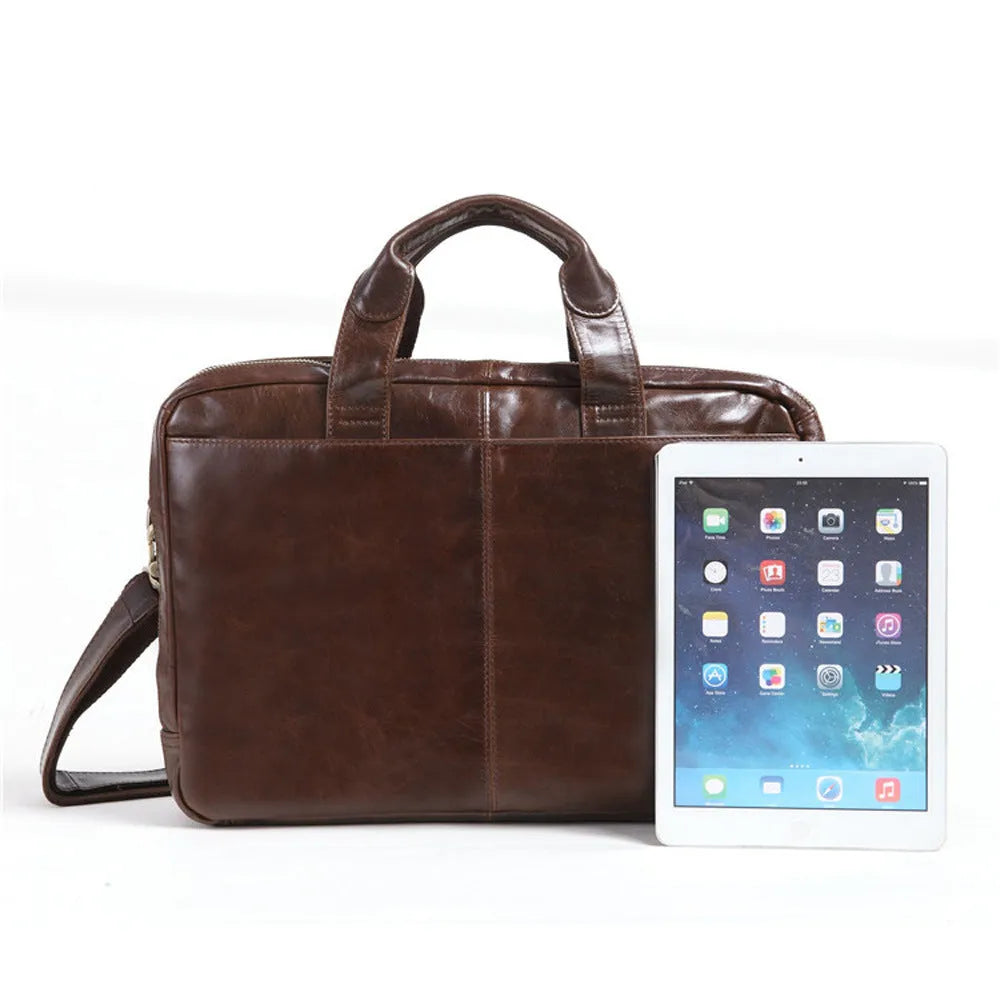 Brown 18 inch men's business briefcase in first layer cowhide with leather pattern texture