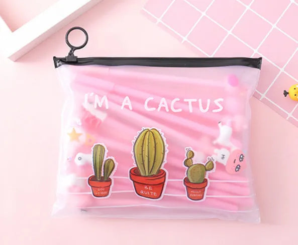20 black ballpoint pens with cartoon cactus designs in a plastic storage case