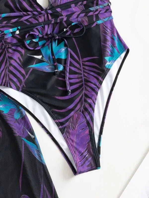 Three-piece women's swimsuit bikini set with cover-up coat in pattern design