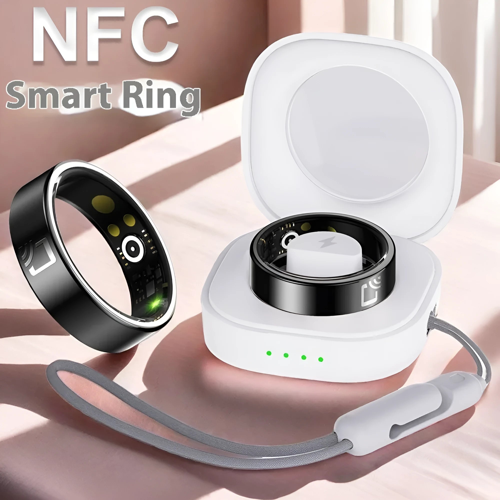 Black ceramic smart ring for heart rate, blood oxygen, and sleep tracking on finger