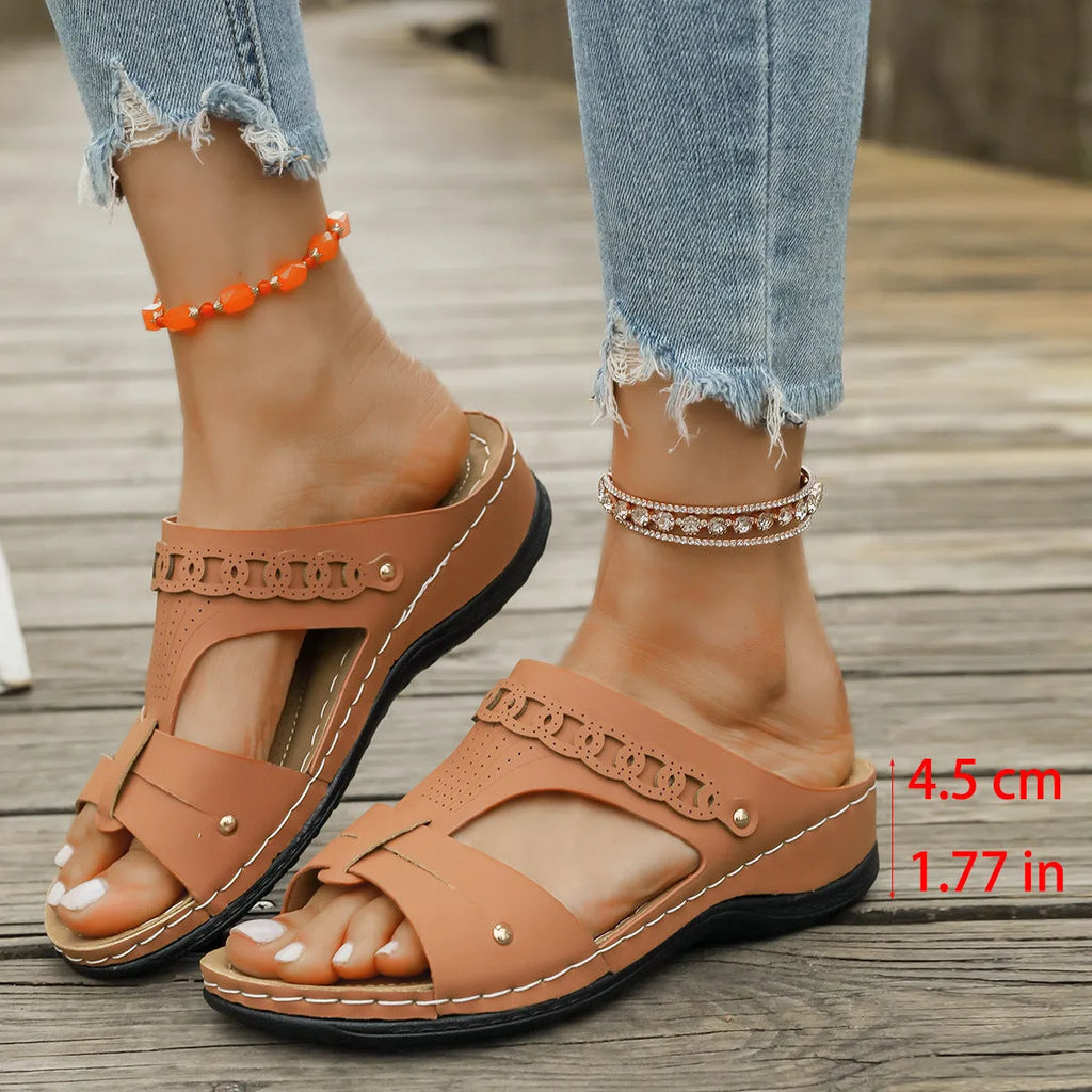 Slope heel Roman style slippers in multiple colours with fish mouth toe design