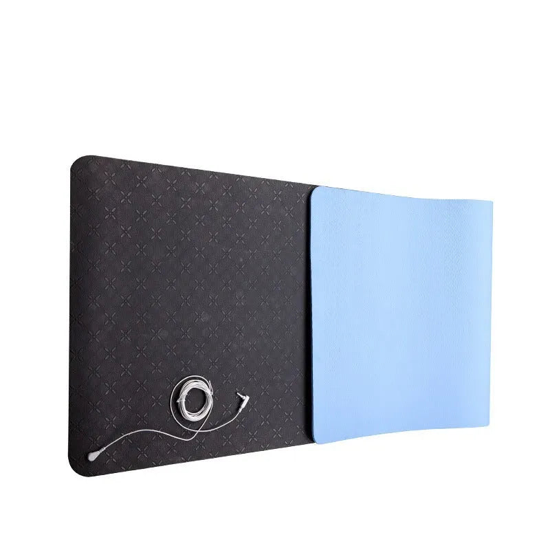 Blue conductive grounding yoga mat with plants pattern, 182x61cm dimensions and grounding wire