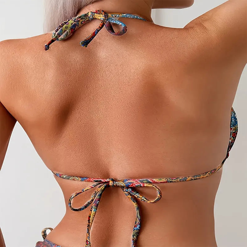Print tie-separated swimsuit for women, high waist bikini in polyester, available in blue green red