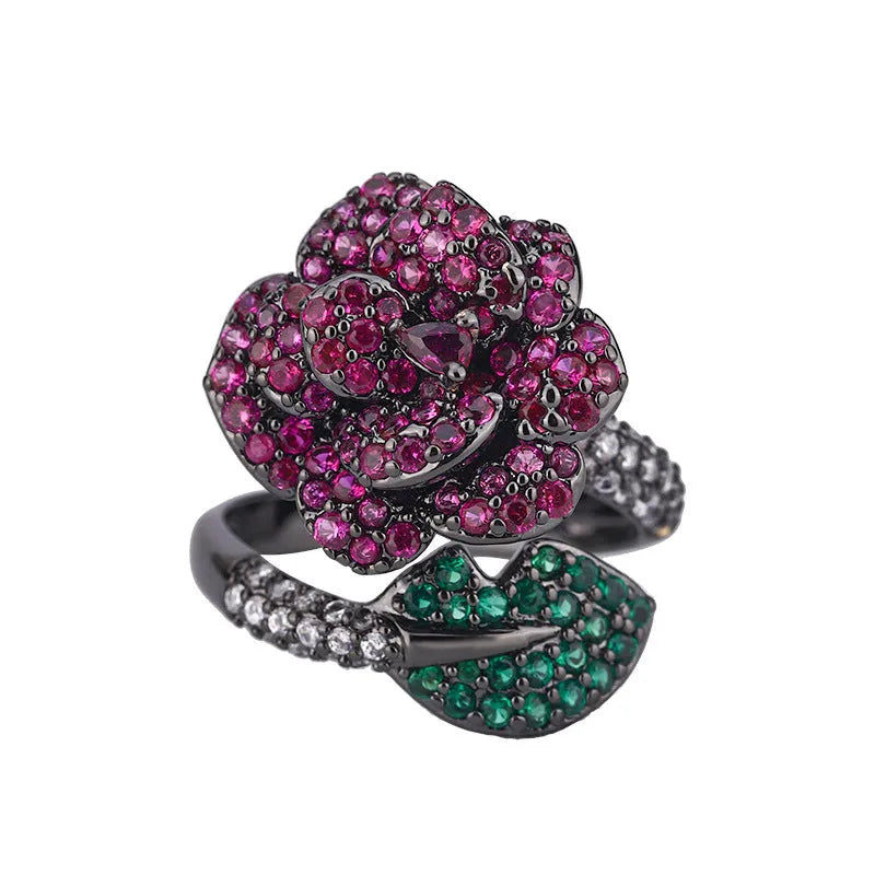 Gold-plated geometric flower ring with red stone for women, black gold colour
