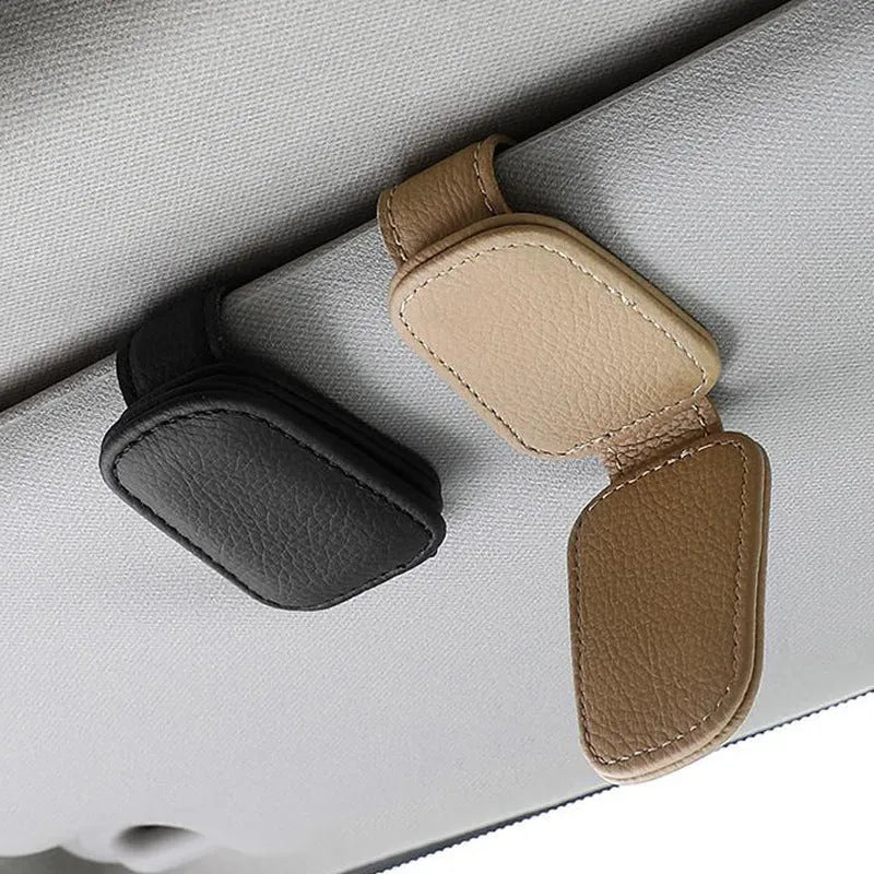 PU leather car sunglasses clip holder attached to a car sun visor