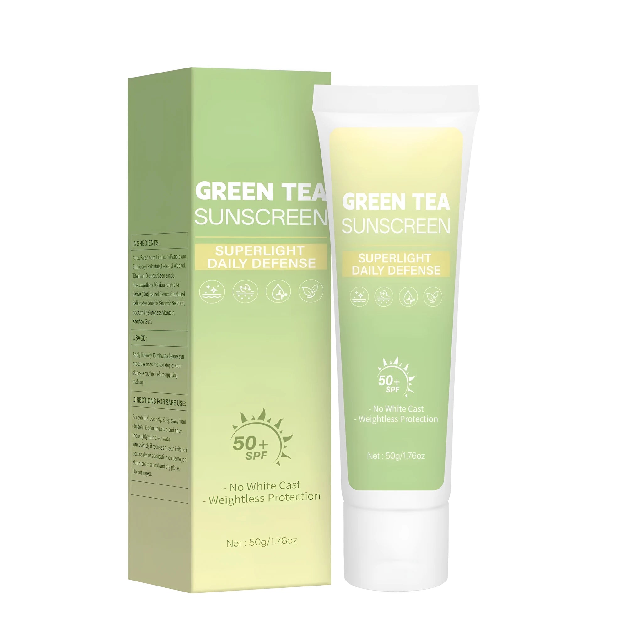 50g green tea sunscreen tube with 30ml net content and FP-E017 specification label
