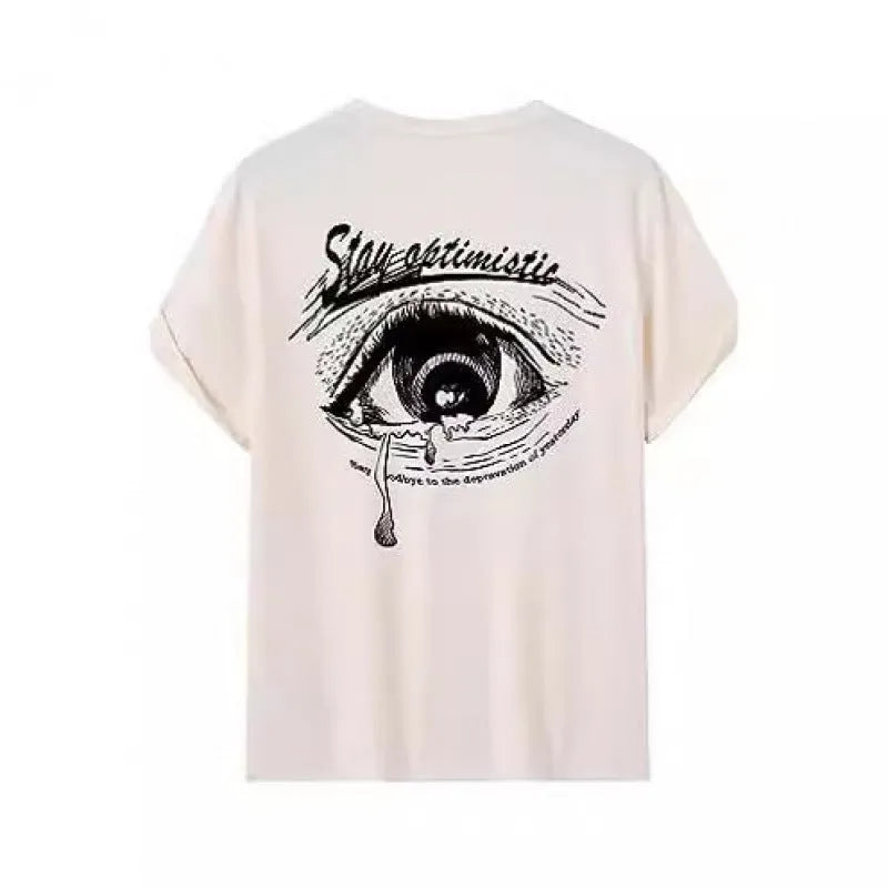 Men's short-sleeved printed streetwear T-shirt on a hanger, showing digital pattern design.