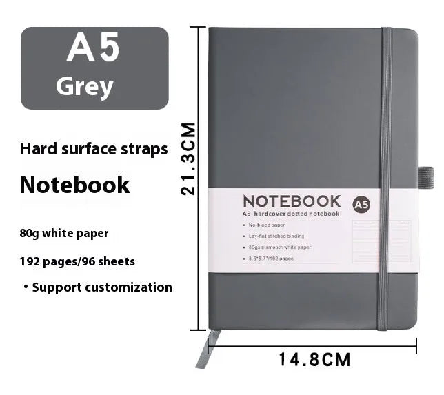 A5 soft touch PU leather notebook open on lined pages, shown in multiple colour options.