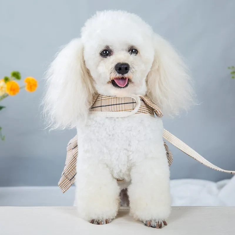 Polyester pet vest with chest strap design and integrated hand-holding rope in beige or purple colour options
