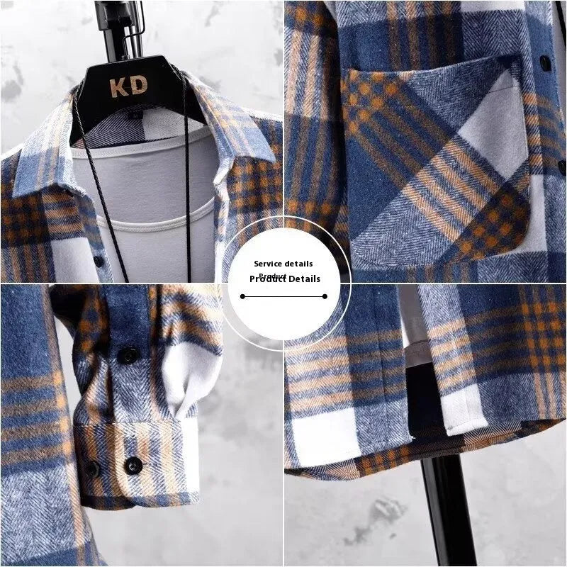 Men's plaid lapel shirt coat in polyester fibre, available in red, blue, and khaki, Asian sizes M to 3XL