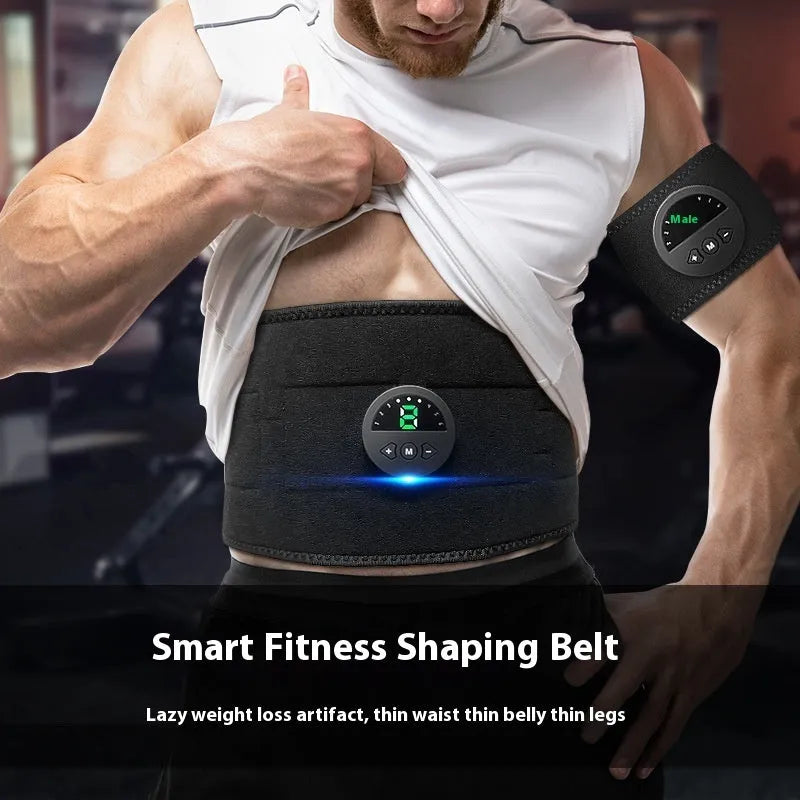 Fitness shaping belt for waist and abdomen with display screen, shown with host and USB cable.