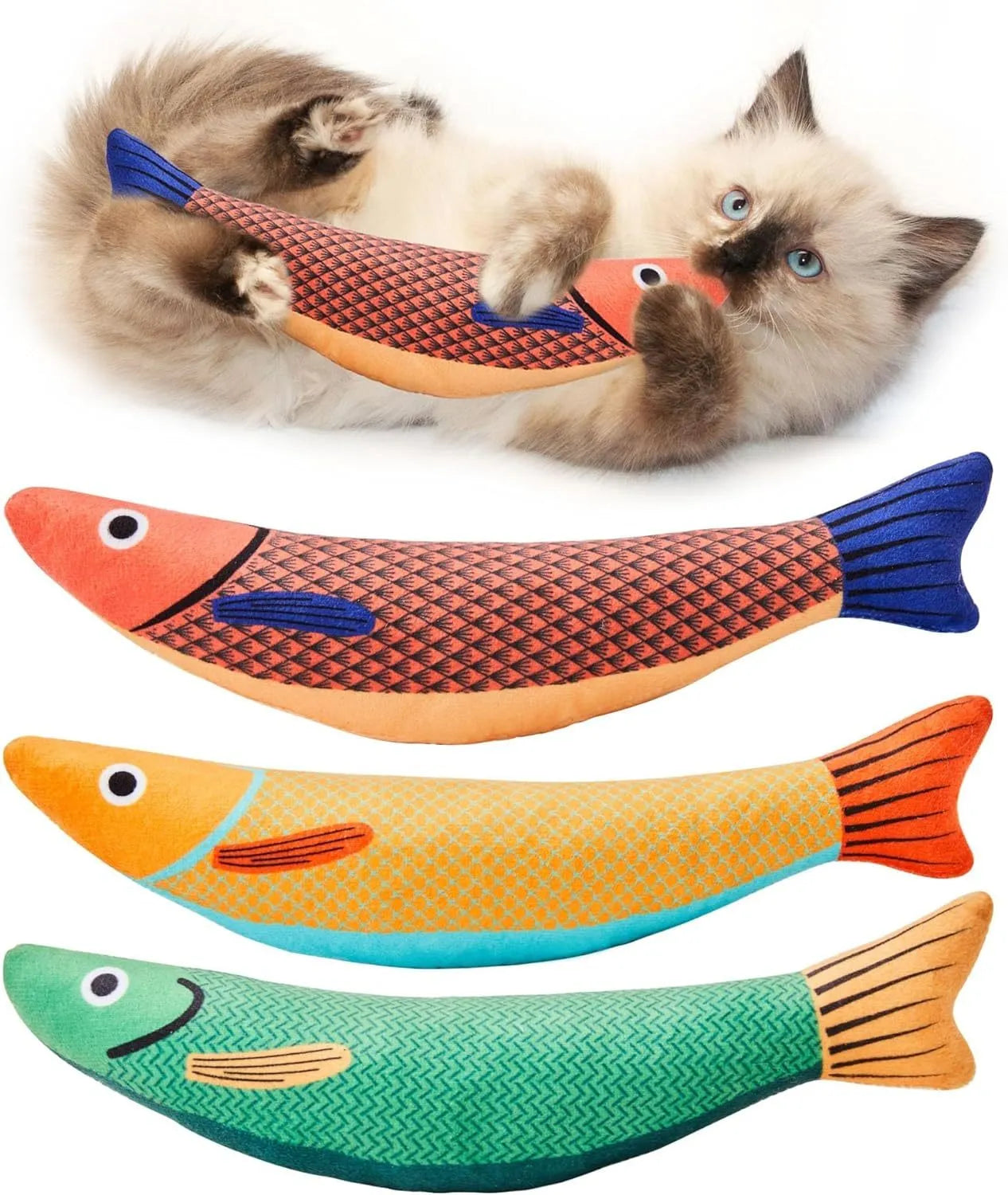 Green saury fish shaped cat toy with organic catnip filling and crinkle sound feature for indoor play