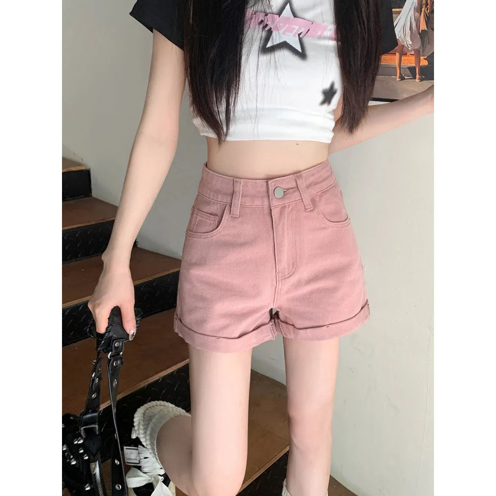 Women's high waist loose cotton denim shorts in khaki, summer casual style