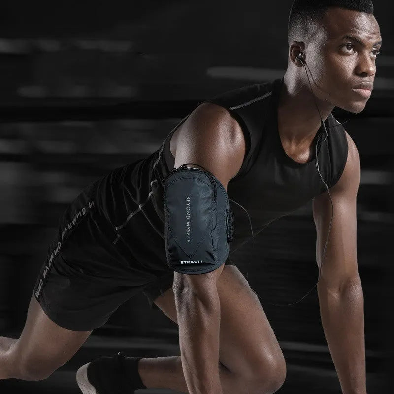 Reflective black running arm bag with adjustable strap and 7 inch smartphone capacity