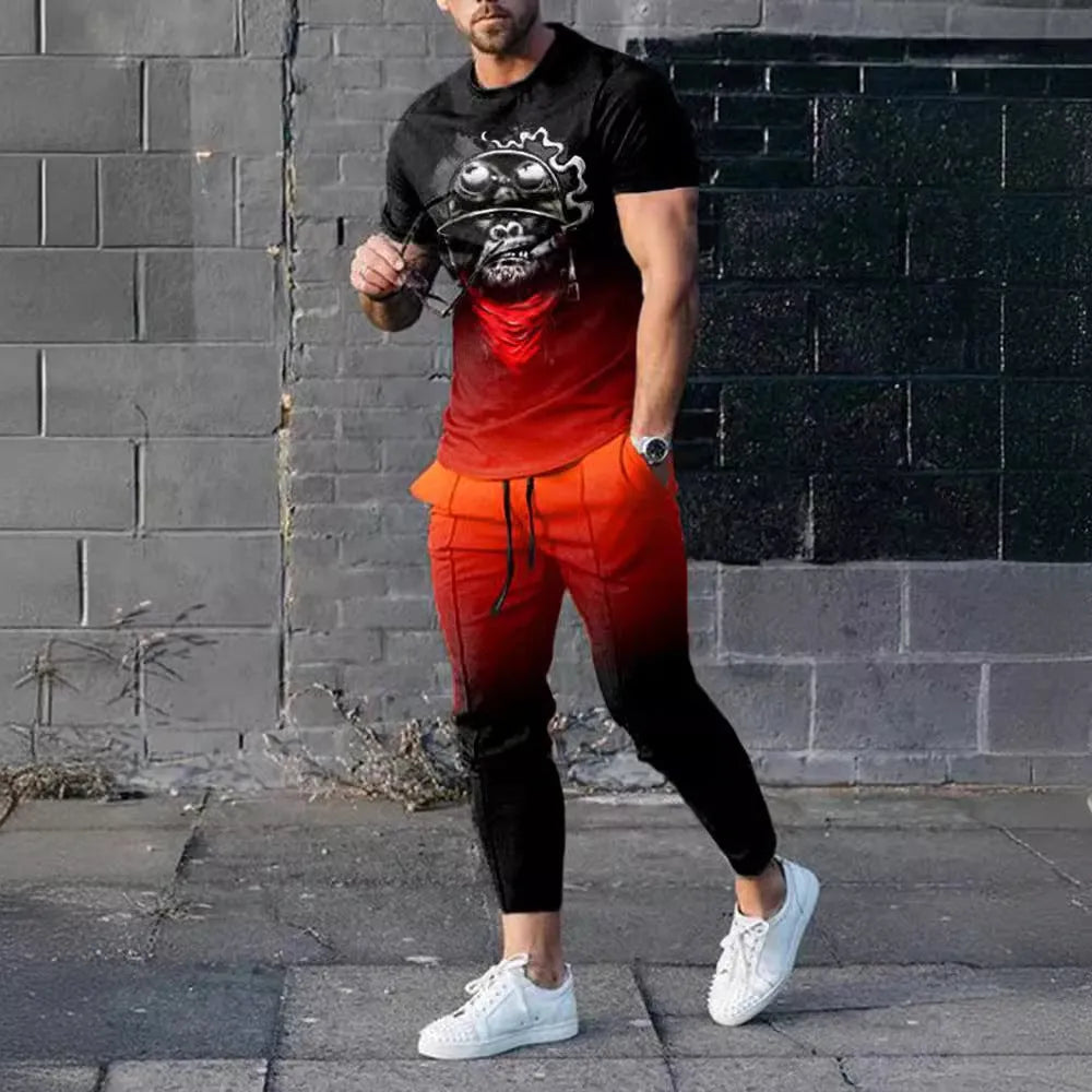 Man wearing a short-sleeved printed pullover and matching trousers from a lightweight polyester casual set.
