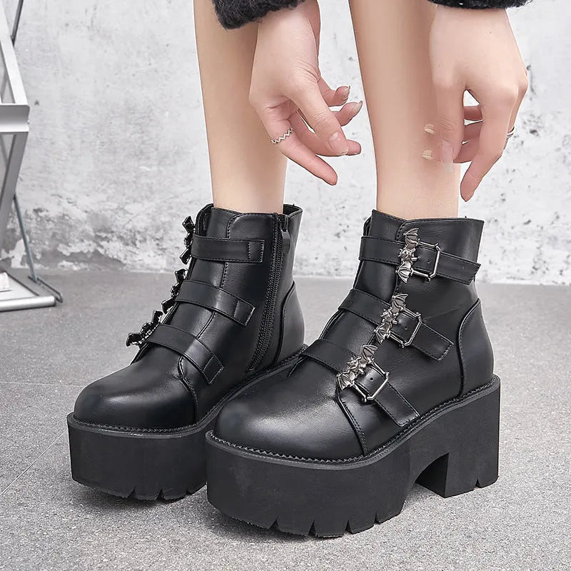 Black women's punk bat buckle gothic ankle boots with side zipper and thick heel