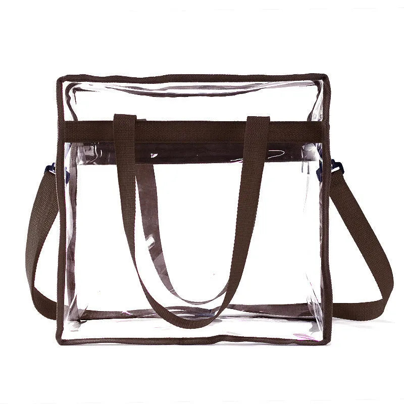 Women's transparent PVC shoulder messenger bag in brown with side net pocket and double strap connectors